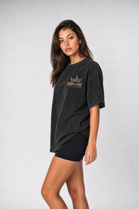 Snow Washed Oversized Cotton T-Shirt in black, side view on model