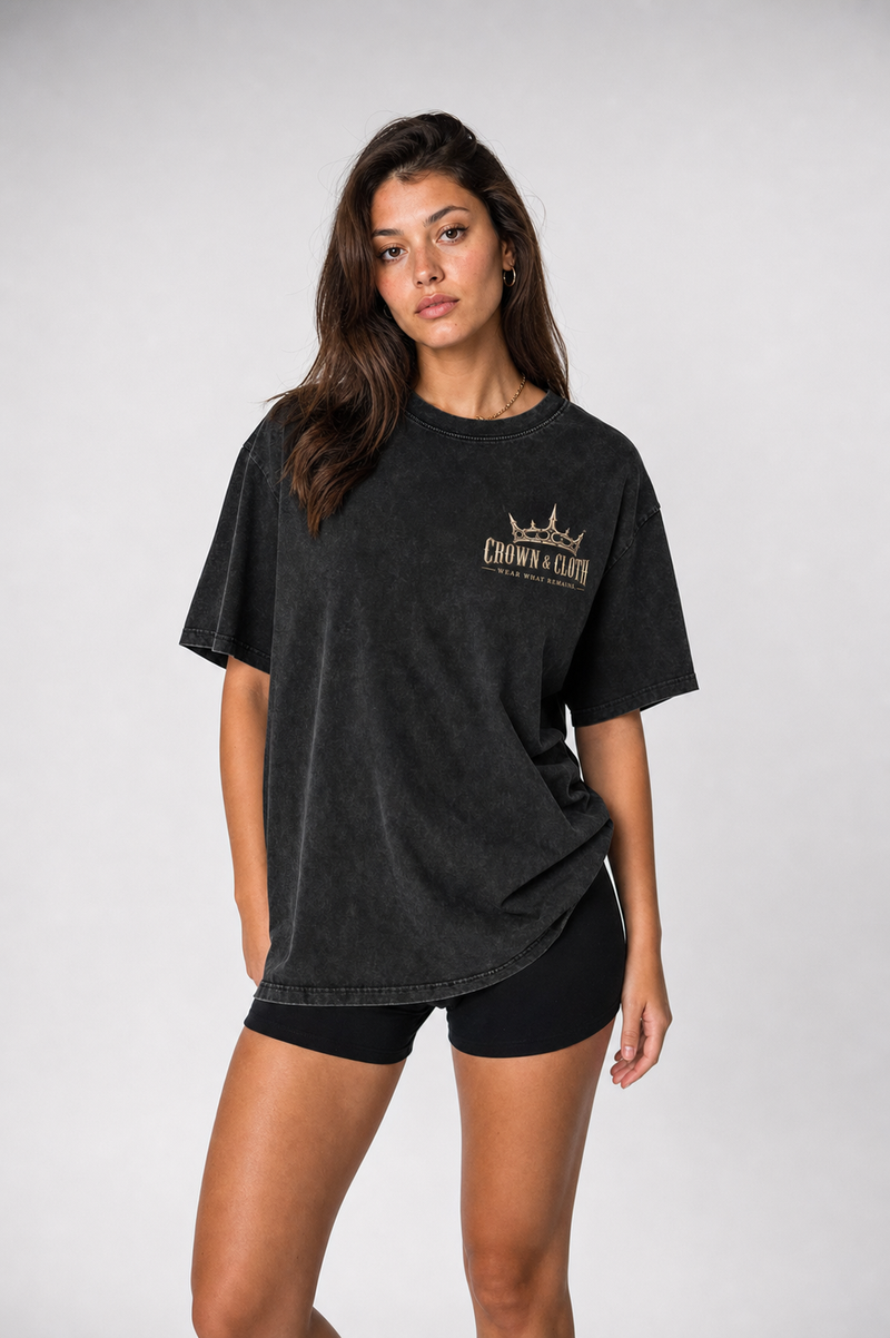 Snow Washed Oversized Cotton T-Shirt in black, front view on model