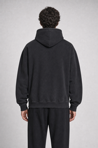 Unisex Vintage Wash Boxy Fleece Hoodie back view on model