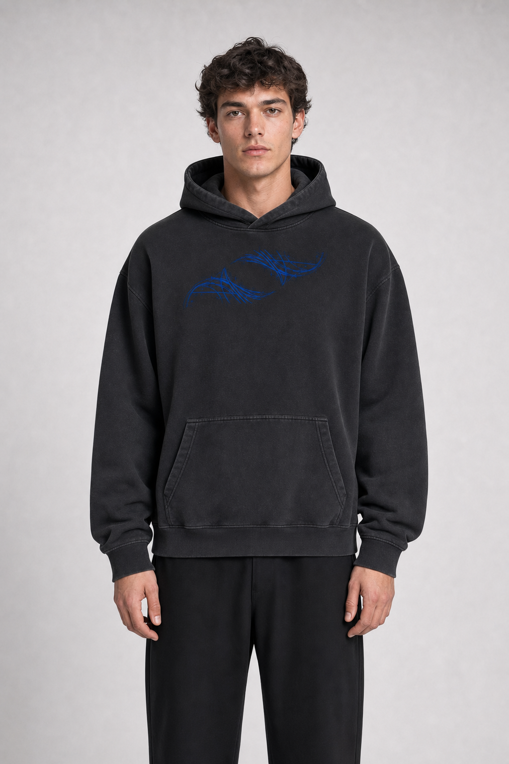 Unisex Vintage Wash Boxy Fleece Hoodie front view on model