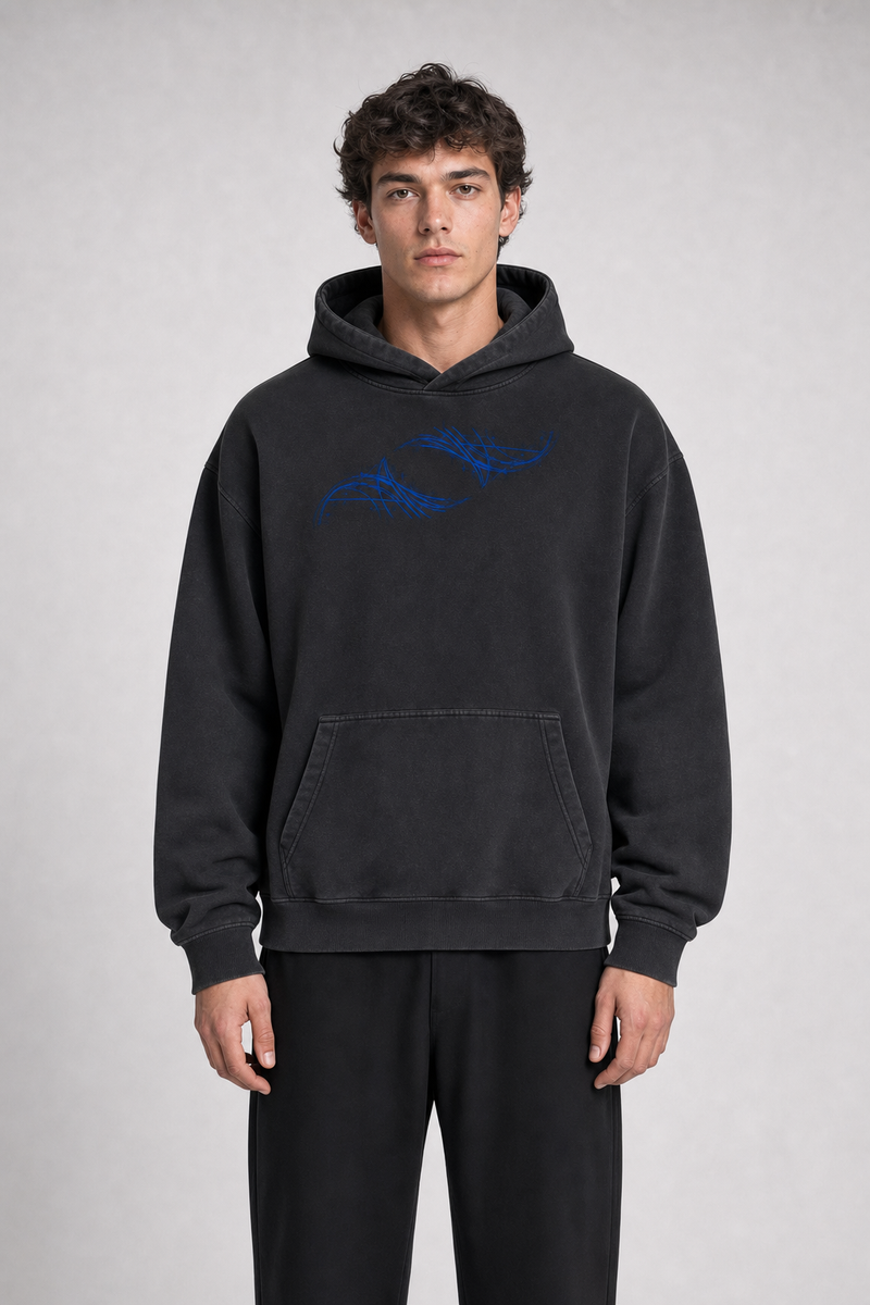 Unisex Vintage Wash Boxy Fleece Hoodie front view on model