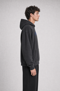 Unisex Vintage Wash Boxy Fleece Hoodie side view on model